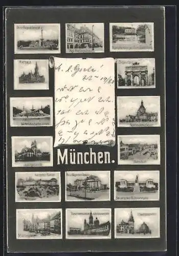 AK München, Siegesthor, Rathaus, Wittelsbacherbrunnen, Nationalmuseum, Justizgebäude, Bahnhof, Karlsplatz-Rondell