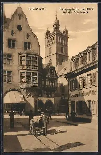 AK Darmstadt, Pädagogstrasse und Blick auf Stadtkirche