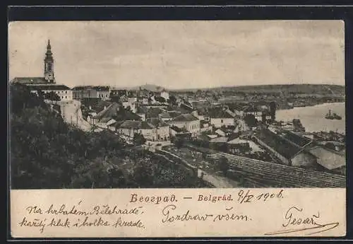 AK Belgrad, Totalansicht mit Wasserblick aus der Vogelschau