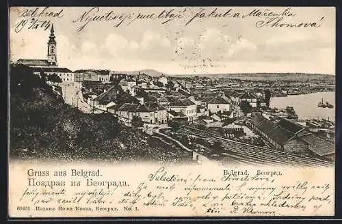 AK Belgrad, Ortsansicht mit Hafen aus der Vogelschau