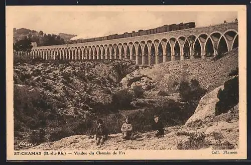 AK St-Chamas, Viaduc du Chemin de Fer avec train en passage