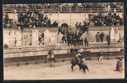 AK Arles, Les Arènes, Combat de Taureaux, Picador et Taureau