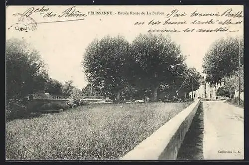 AK Pélissanne, Entrée Route de La Barben avec pont et arbres