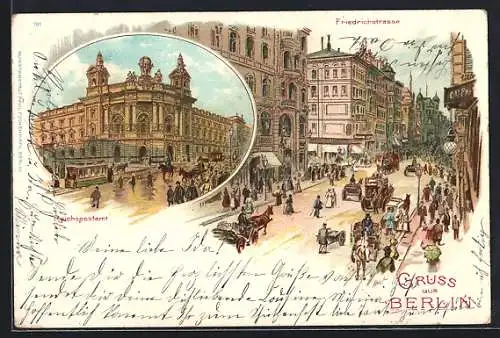 Lithographie Berlin, Blick in die Friedrichstrasse, Reichspostamt