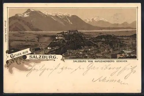 Lithographie Salzburg, Totalansicht vom Kapuzinerberg aus