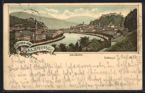 Lithographie Salzburg, Gesamtansicht mit Fluss und Burg