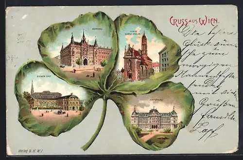 Passepartout-Lithographie Wien, Blumen-Säle, Sühnhaus, Kirche Maria Stiegen und Justizpalast im Kleeblatt