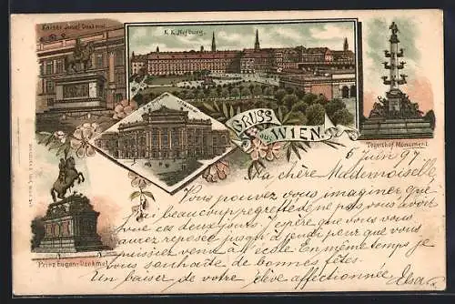 Lithographie Wien, Tegetthof Monument, Prinz Eugen-Denkmal, Kaiser Josef-Denkmal, Hofburg