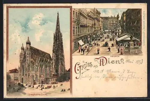 Lithographie Wien, Graben, Stephans-Dom, Um 1900