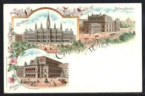 Lithographie Wien, Hofburgtheater, Rathaus und Strassenbahn vor der Hofoper