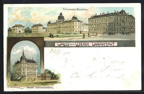 Lithographie Wien-Donaustadt, Infanterie-Kaserne und Hotel Theresienhof