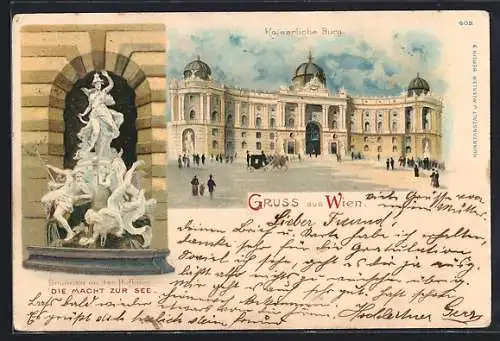 Lithographie Wien, Kaiserliche Burg, Brunnen an der Hofburg