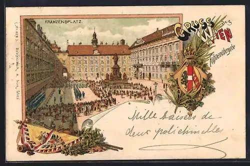 Lithographie Wien, Franzensplatz mit Soldaten und Passanten