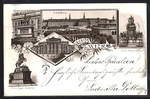 Lithographie Wien, K. K. Hofburg, Tegetthof-Monument, Kaiser Josef-Denkmal, Prinz Eugen-Denkmal