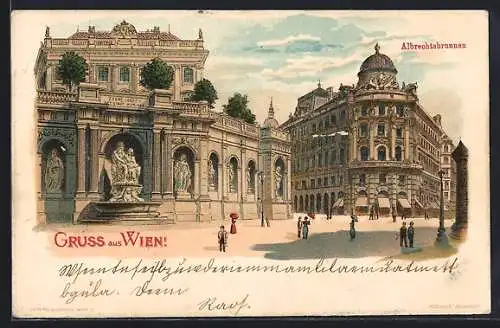 Lithographie Wien, Albrechtsbrunnen mit Leuten