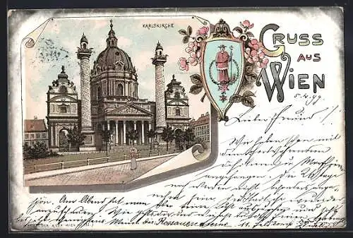 Lithographie Wien, Karlskirche, Scheider & Co., Lacke, Farben und Materialwaren, Teinfaltstr. 9 und Hundsthurmerstr. 141