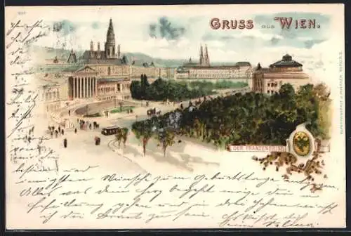 Lithographie Wien, Parlament am Franzensring mit Passanten und Strassenbahn