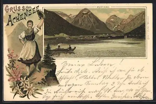 Lithographie Pertisau, Achensee und Frau in Tracht