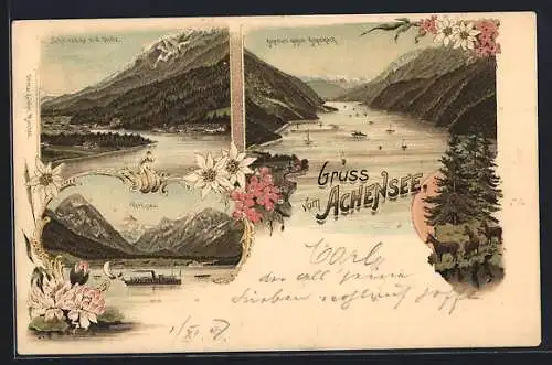 Lithographie Achensee, Pertisau, Scholastika m. d. Unütz, Achensee gegen Achenkirch