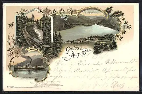 Lithographie Achensee, Achenseehof, Zahnradbahn, Josephdampfer