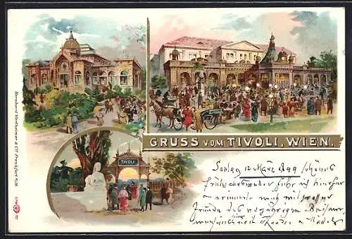 Lithographie Wien, Gasthaus Tivoli mit Besuchern