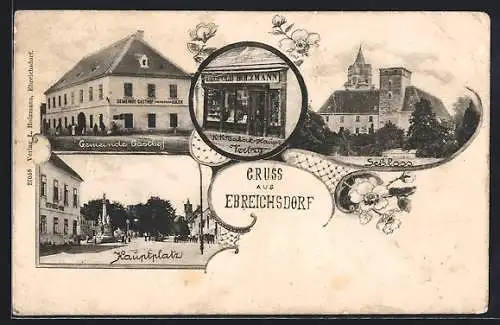 AK Ebreichsdorf, Gemeinde Gasthof, Hauptplatz, Schloss, Tabak-Hauptverlag