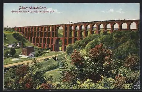 AK Göltzschtalbrücke, Ortsansicht mit Eisenbahn