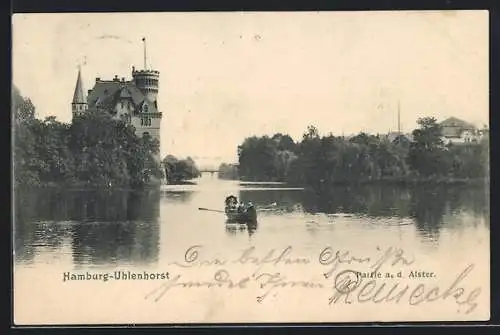 AK Hamburg-Uhlenhorst, Flusspartie an der Alster mit Ruderboot