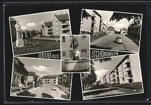 AK Schöningen, Wassermaid-Brunnen, Strassenpartien, mit Denkmal u. VW-Käfer