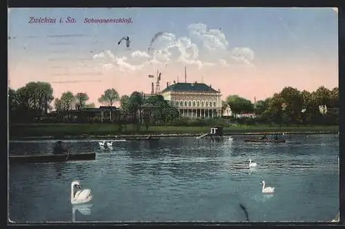 AK Zwickau /Sa., Schwanenschloss vom Wasser aus