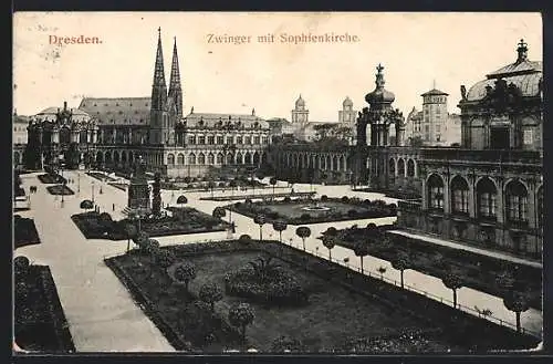 AK Dresden, Zwinger mit Sophienkirche aus der Vogelschau