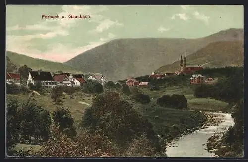 AK Forbach, Panorama mit Gausbach und Kirche