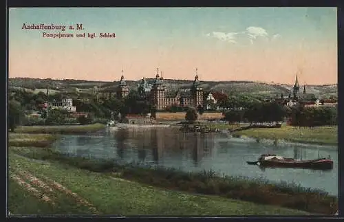 AK Aschaffenburg a. M., Pompejanum und kgl. Schloss mit Boot