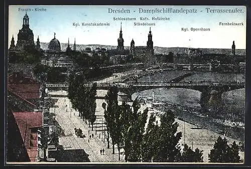 AK Dresden, Dampfschifflandeplatz u. Terrassenufer mit Stadtpanorama aus der Vogelschau