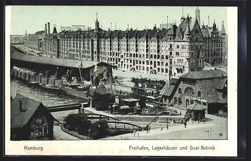 AK Hamburg, Freihafen, Lagerhäuser und Quai-Betrieb aus der Vogelschau