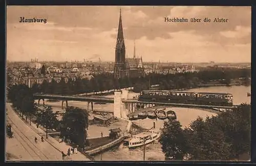 AK Hamburg-Neustadt, Die U-Bahnbrücke über die Alster, Schiff