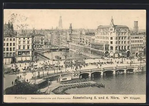 AK Hamburg, Reesendammbrücke und Alsterarcaden, Einladung Ausstellung Wm. Klöpper