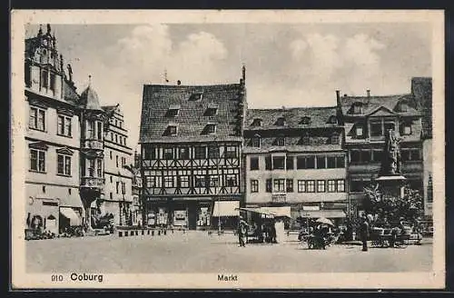 AK Coburg, Markt mit Verkaufsstand und Denkmal