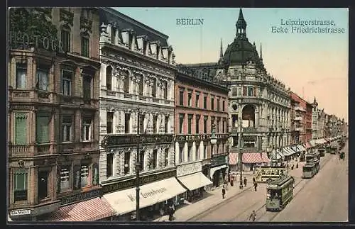 AK Berlin, Leipzigerstrasse, Ecke Friedrichstrasse mit Strassenbahnen aus der Vogelschau