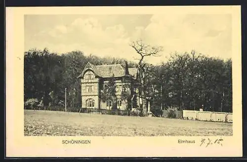 AK Schöningen, Gasthaus Elmhaus, von einem Feld gesehen