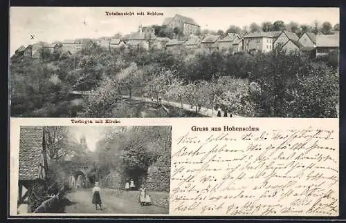 AK Hohensolms, Torbogen mit Kirche, Totalansicht mit Schloss