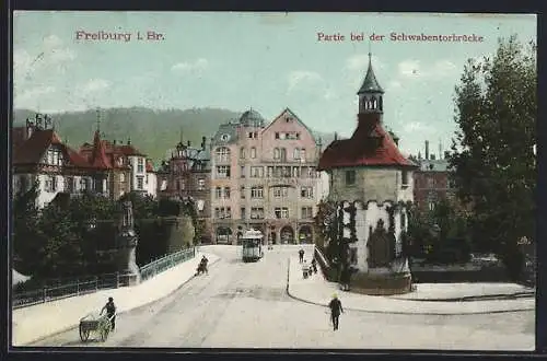 AK Freiburg i. Br., Partie bei der Schwabentorbrücke, Strassenbahn