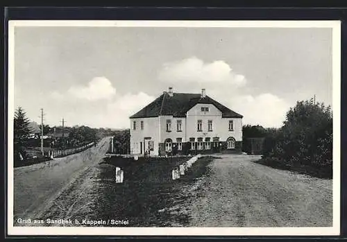 AK Sandbek b. Kappeln /Schlei, Strassengabelung mit Gebäude