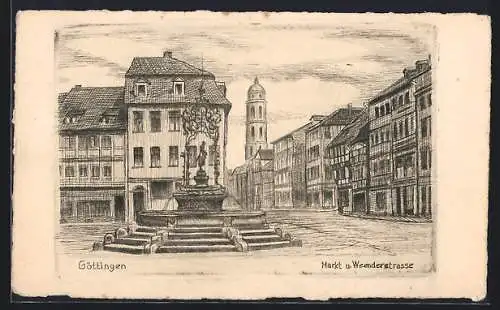 Künstler-AK Göttingen, Markt mit Gänselieselbrunnen und Weenderstrasse