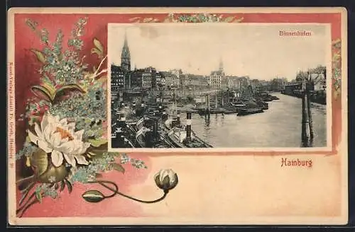 Passepartout-Lithographie Hamburg-Neustadt, Binnenhafen, Seerosen und Vergissmeinnicht