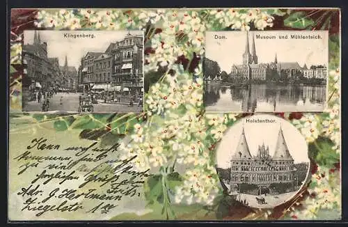 Passepartout-Lithographie Lübeck, Strassenpartie am Klingenberg, Dom mit Museum und Mühlenteich, weisse Blumen