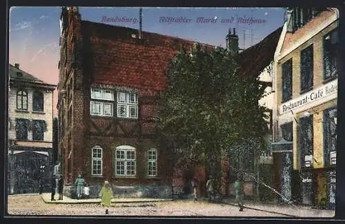 AK Rendsburg, Altstädter Markt mit Rathaus und Restaurant-Cafe