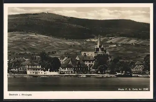 AK Oestrich i. Rheingau, Rheinpartie mit Kirche