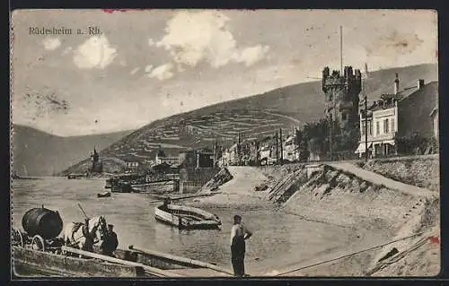 AK Rüdesheim a. Rh., Uferpartie mit Turm