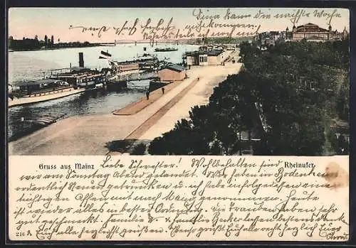 AK Mainz, Rheinufer mit Dampfern